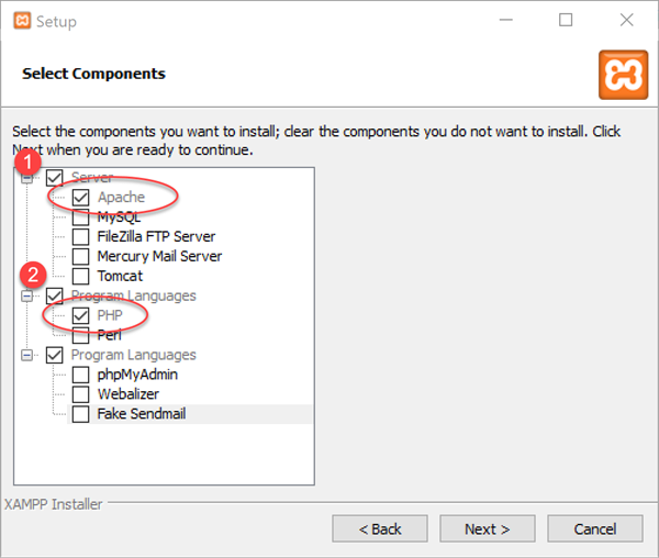 xampp - onderdelen selecteren